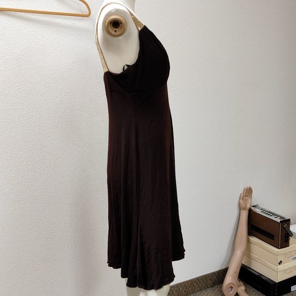 BROWN PARTY DRESS WITH GOLD SEQUINED STRAPS BLONIE NITES BY LINDA BERNELL S11 - Picture 3 of 11
